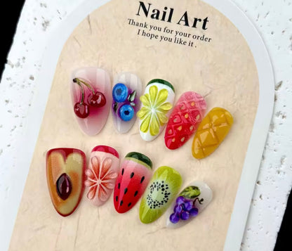 Handmade 3D Gel Press-On Nails - Fruit Design