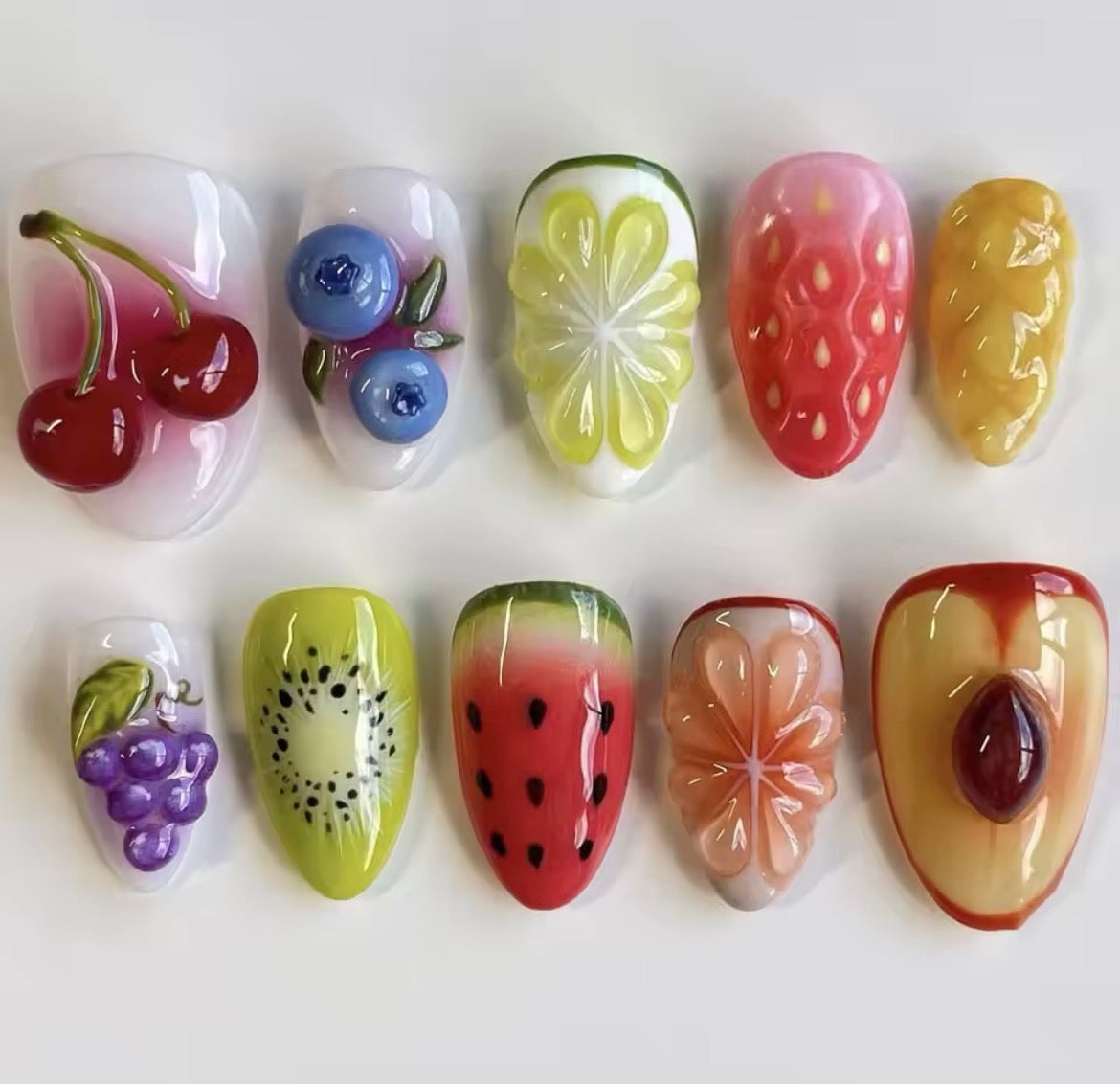 Handmade 3D Gel Press-On Nails - Fruit Design
